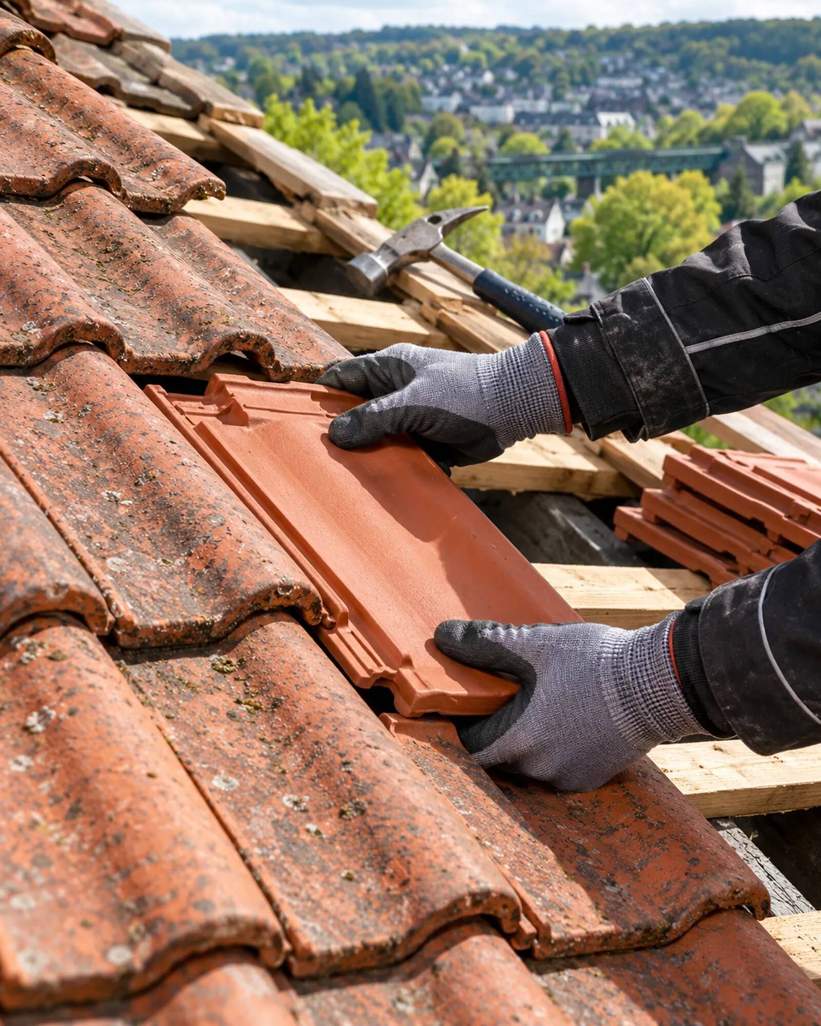 Dachdecker setzt auf einem Steildach einen neuen Tonziegel ein