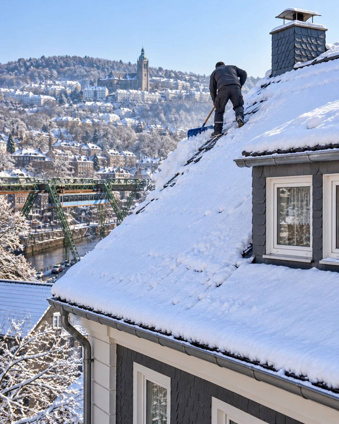 Dachdecker räumt Schnee von einem verschneiten Steildach mit Schieferfassade, im Hintergrund Wuppertal mit Schwebebahn