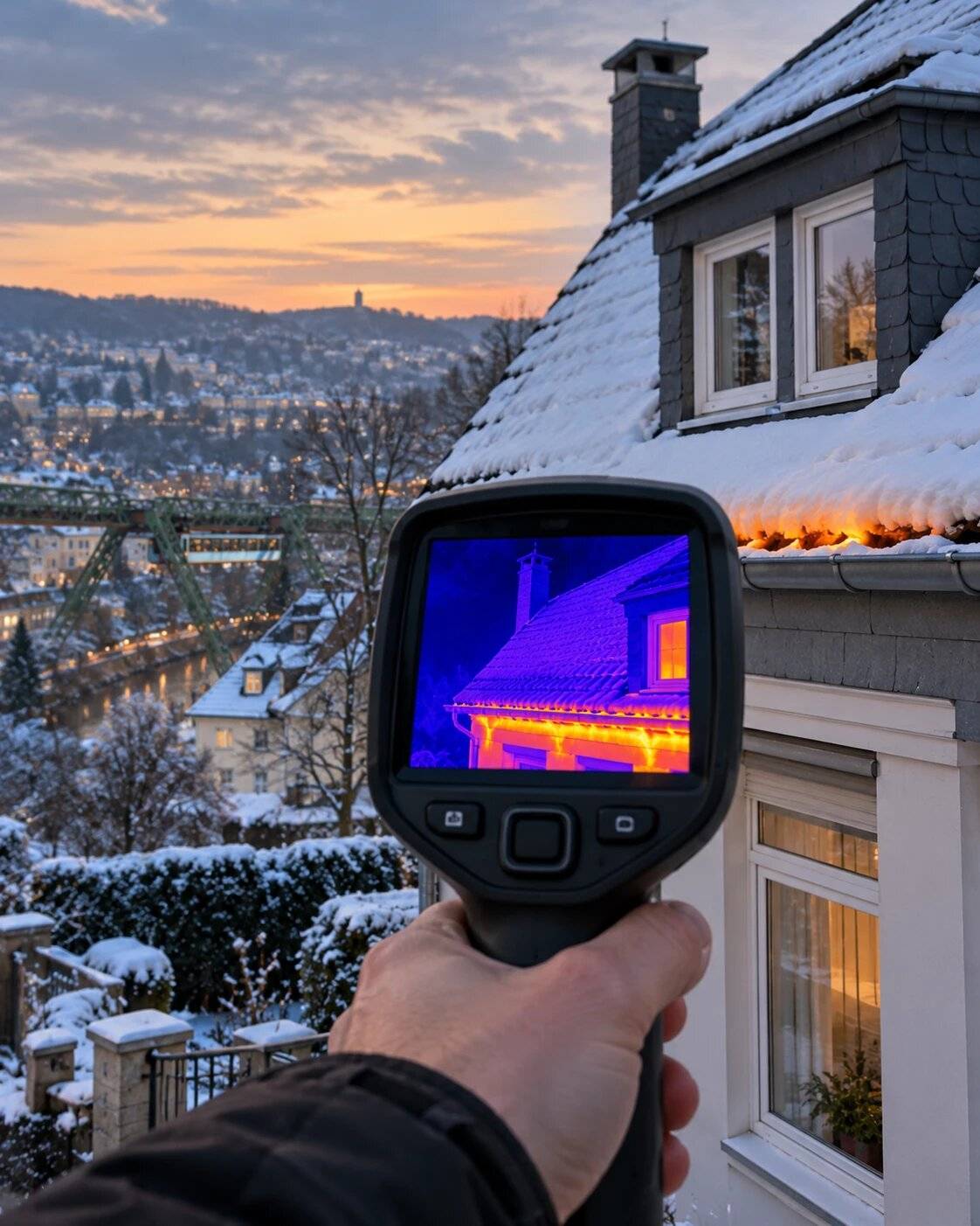 Hand hält eine Wärmebildkamera vor ein verschneites Haus in der Dämmerung, auf dem Display leuchtet die Traufe warm, im Hintergrund Wuppertal mit Schwebebahn