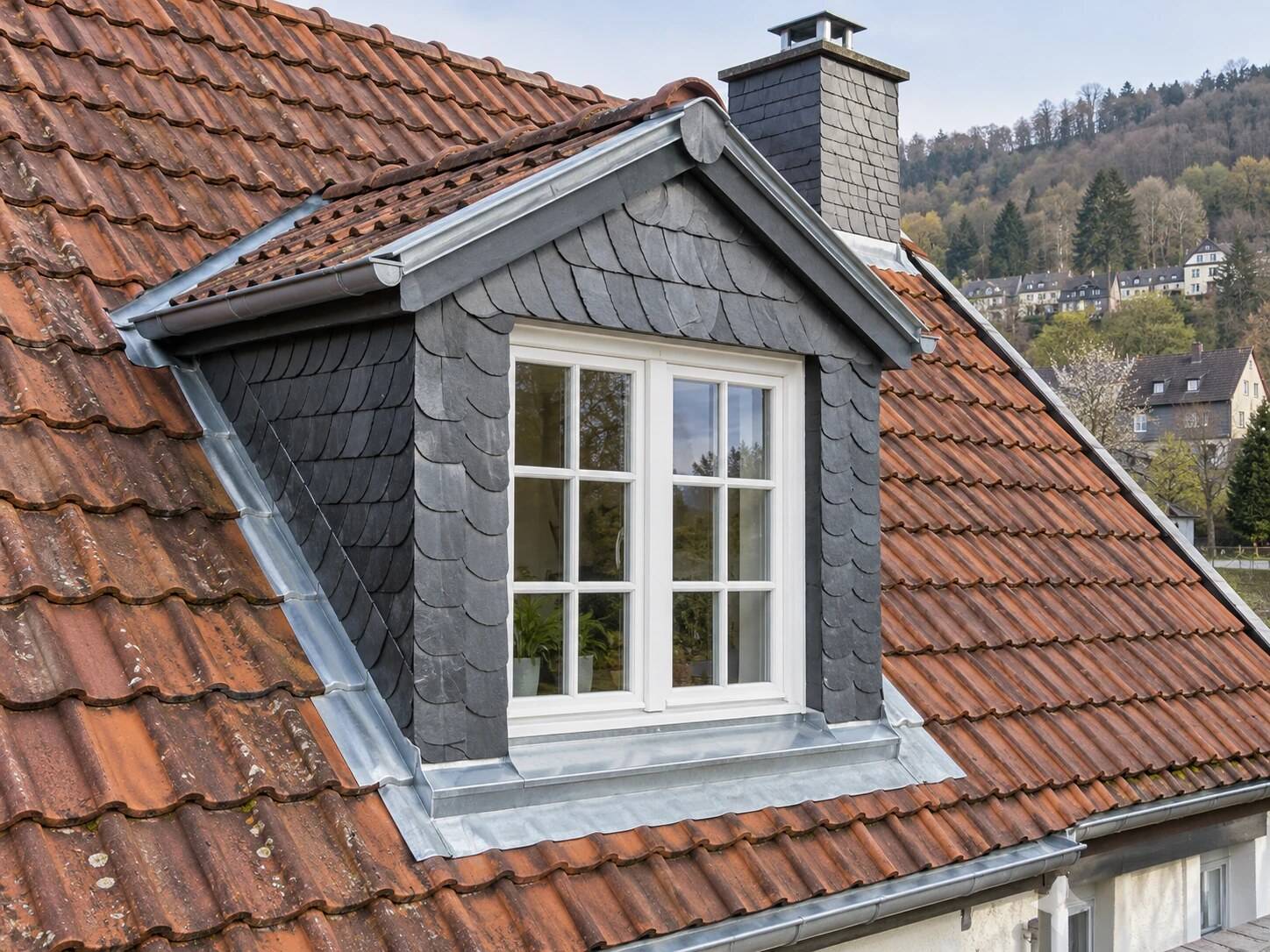 Schiefergedeckte Dachgaube mit weißem Fenster in einem Tonziegeldach, Zinkeinfassung und Schornstein dahinter