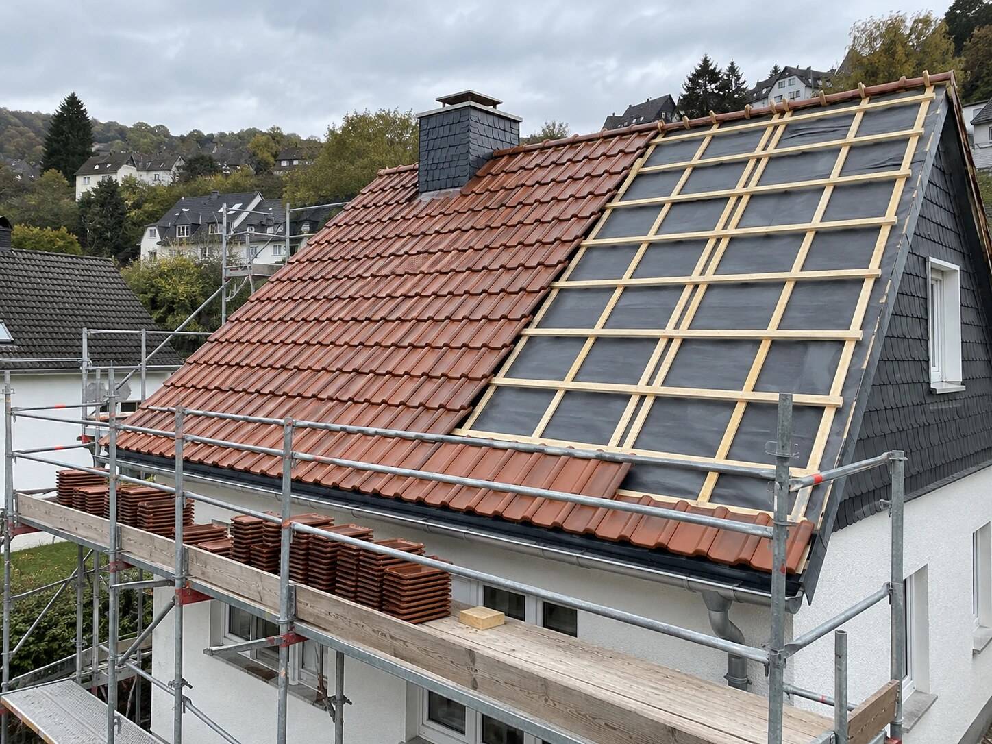 Wohnhausdach, links neu mit Tonziegeln gedeckt, rechts nur Latten über schwarzer Unterspannbahn, davor ein Gerüst mit Ziegelstapeln